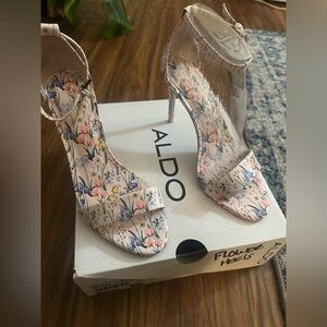 ALDO Floral Print Open-Toe Ankle-Strap Heels in Pink and Blue